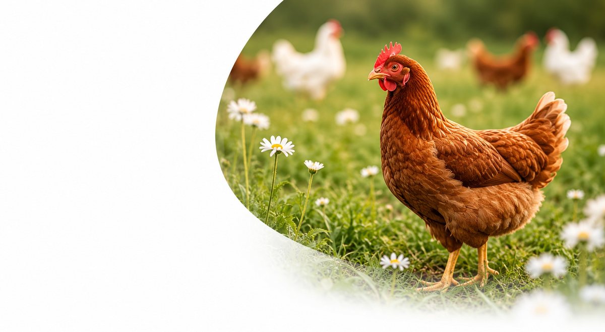 Poule rousse dans un pré fleuri de pâquerettes